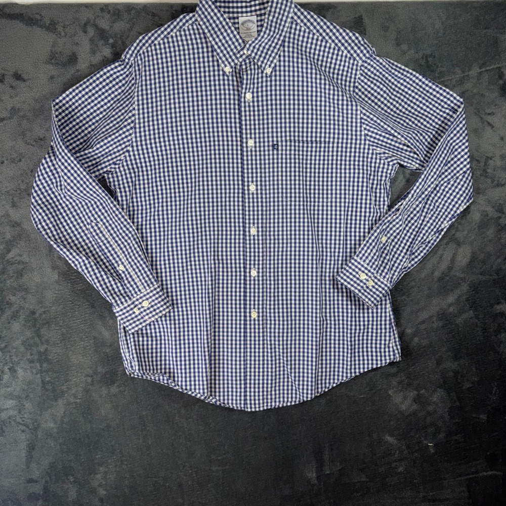 Mens Large Brooks Brothers Button Down Shirt Navy Gingham Excellent Slim Fit